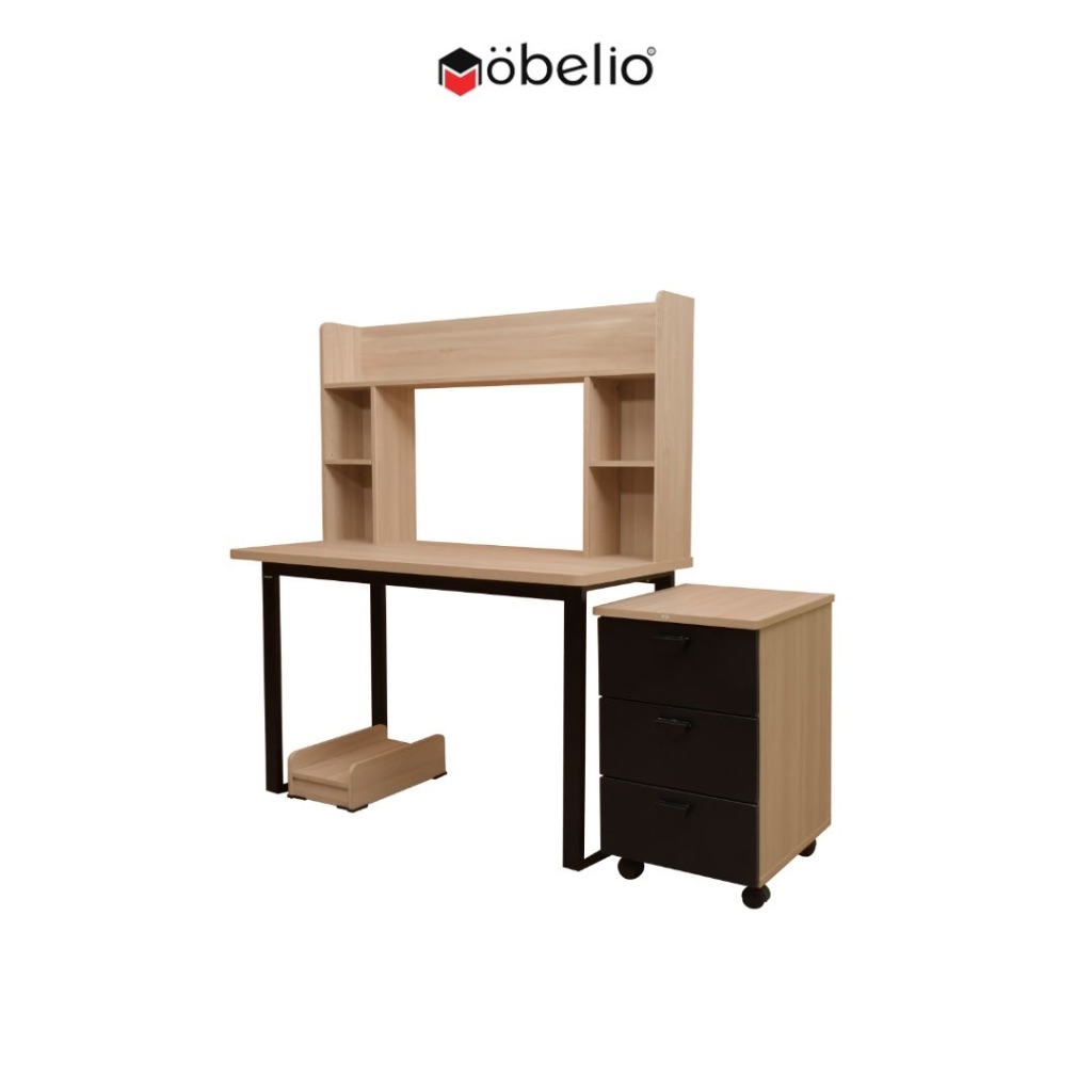 Meja Kerja Komputer Desk dengan Kabinet Laci Rak CPU Terpisah Natural - PHILO