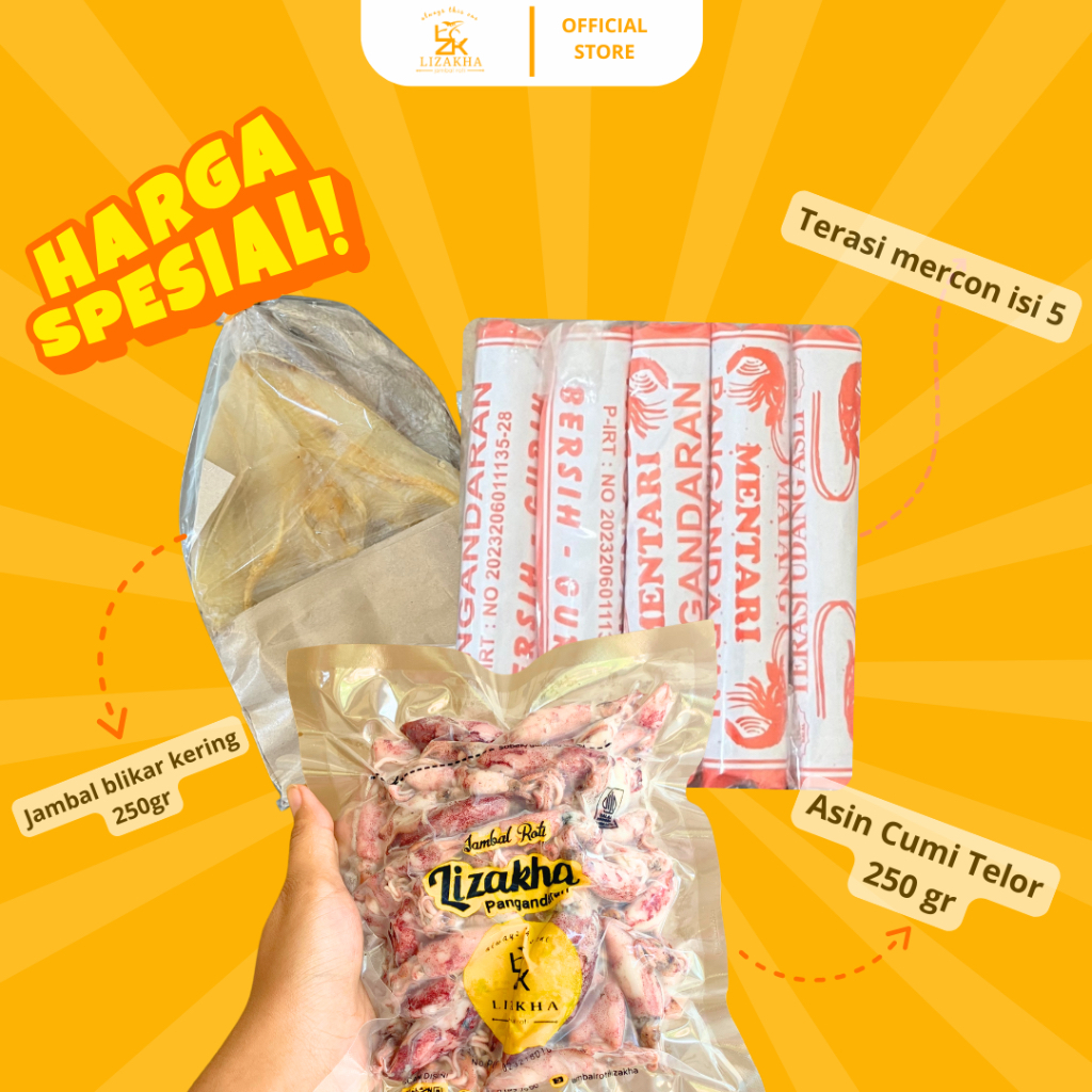 

[COD] Paket asin cumi telor 250 gr+Ikan asin Jambal blikar 250gr +Terasi mercon isi 5 Free Hadiah