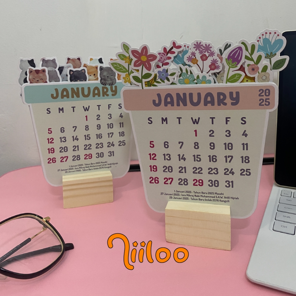

Kalender Meja Aesthetic 2025 Calendar Bloomy Flower & Cat Niiloo