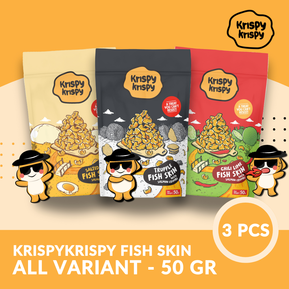 

Krispykrispy - Fish Skin / Kerupuk Kulit Ikan - with Salmon Crumbs - HALAL - All Variant Salted Egg, Truffle, dan Chili Lime (Bundling)