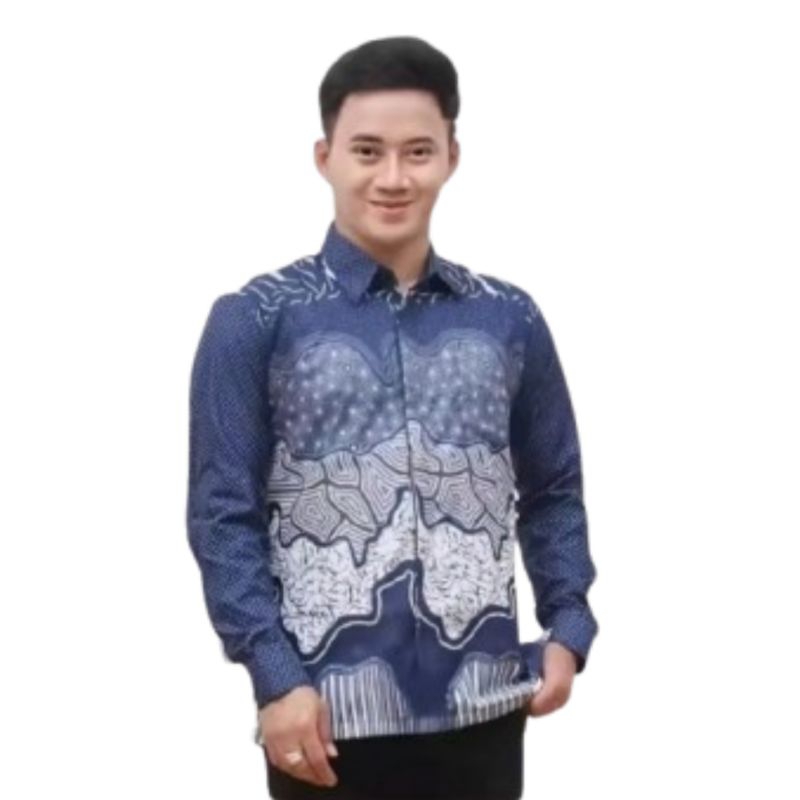 Kemeja Batik Pria Lengan Panjang Biru Slimfit Dewasa - Distro Katun Baju Atasan Navy Hitam Motif Pen