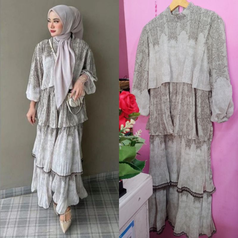 Dress Plisket Umpak 4 Susun Ceruty | Dress Motif Etnic Ceruty | Dress Ceruty Premium