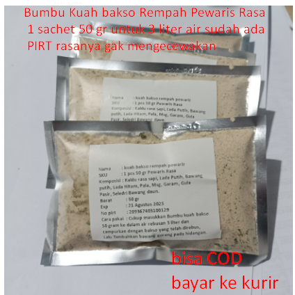 

Bumbu Kuah bakso Rempah Pewaris Rasa 1 sachet 50 gr untuk 3 liter air sudah ada PIRT rasanya gak mengecewakan