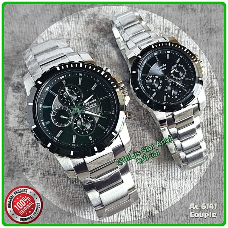 Alexandre Christie Couple Ac 6141 Sepasang Tali Rantai Silver Black Original