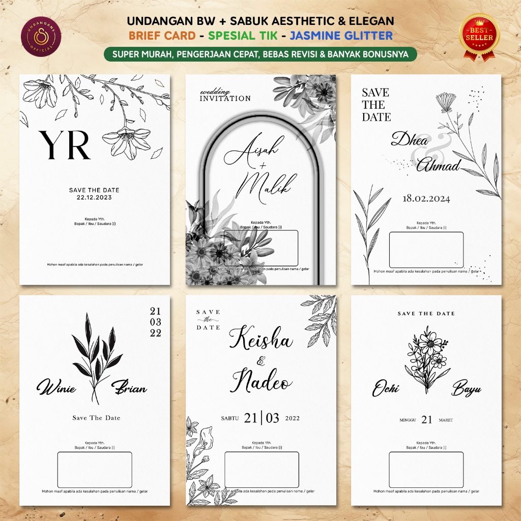 UNDANGAN PERNIKAHAN MONOKROM, SIMPLE, AESTHETIC, HITAM PUTIH, MURAH, ELEGAN H4
