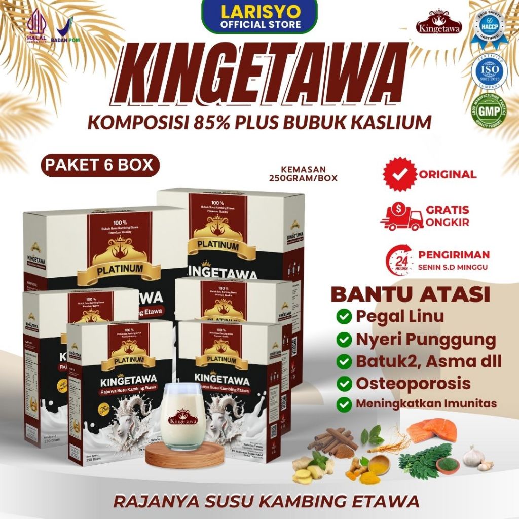

Kingetawa Susu Kambing Etawa Tinggi Kalsium Untuk Masalah Tulang dan Persendian Kemasan 250gr Paket 6 Box