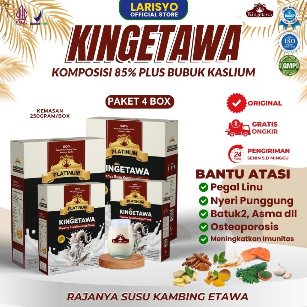 

Kingetawa Susu Kambing Etawa Tinggi Kalsium Untuk Masalah Sendi dan Tulang Kemasan 250gr Paket 4 Box