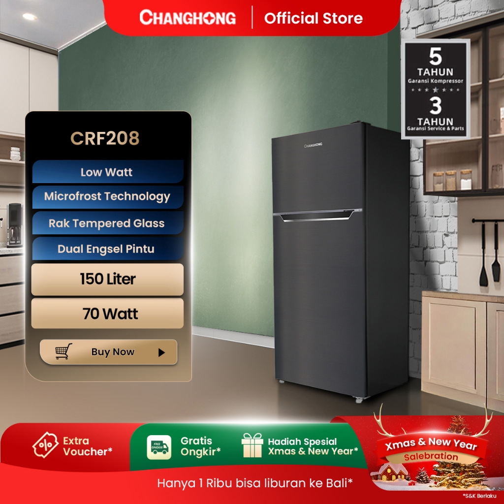 Changhong Kulkas 2 Pintu (Refrigerator)  Lemari Es Kapasitas 150 Liter CRF208 - Black (Semi Auto Def