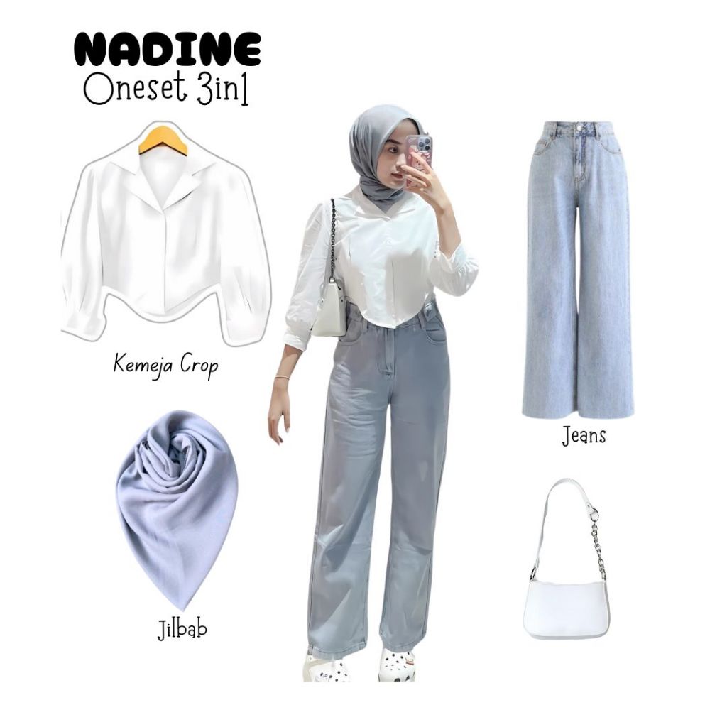 one set outfit 3in1 kemeja crop putih celana jeans highwaist kulot jilbab bella | ootd wanita peremp