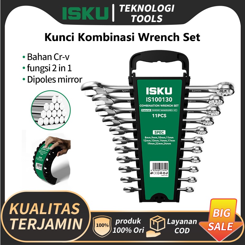 ISKU Kunci Ring Pas Set 11pcs 8-24mm/Dengan Tas Penyimpanan Kunci Pas Set Tools Ring Pas Kunci Set