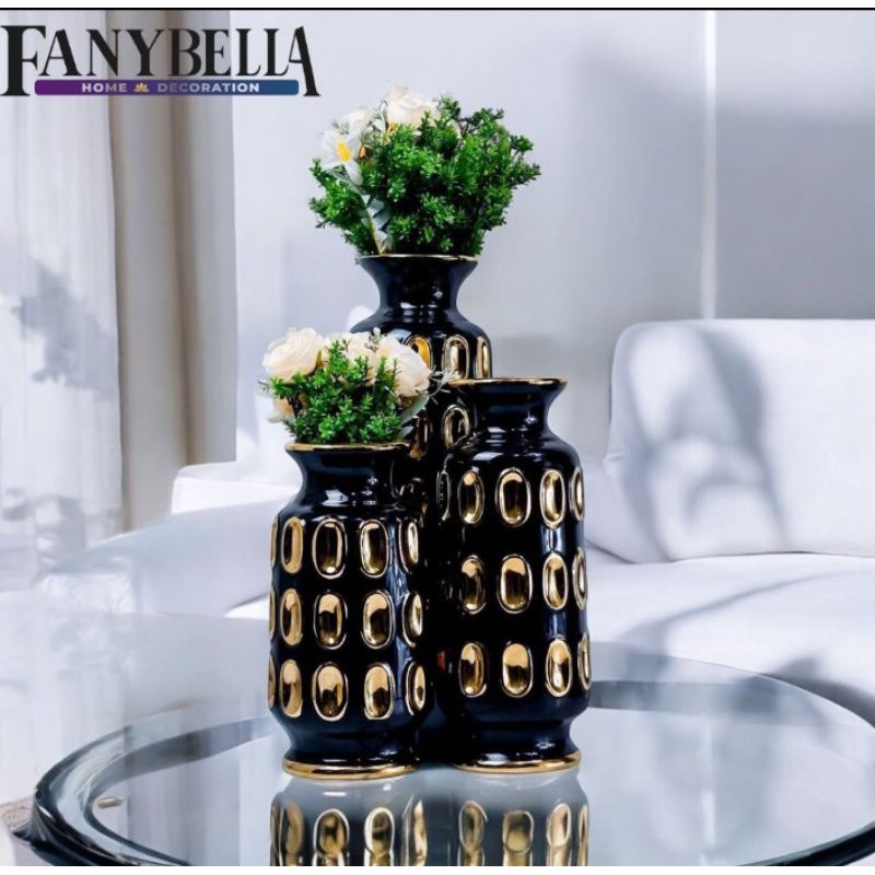 Vas Bunga Keramik Hitam Gold Guci Mini Import