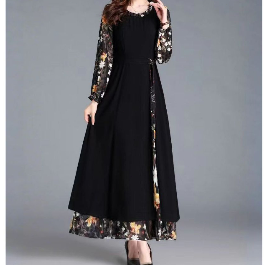 Long Black Dress Floral Korea Style Lengan Panjang Hijab Friendly
