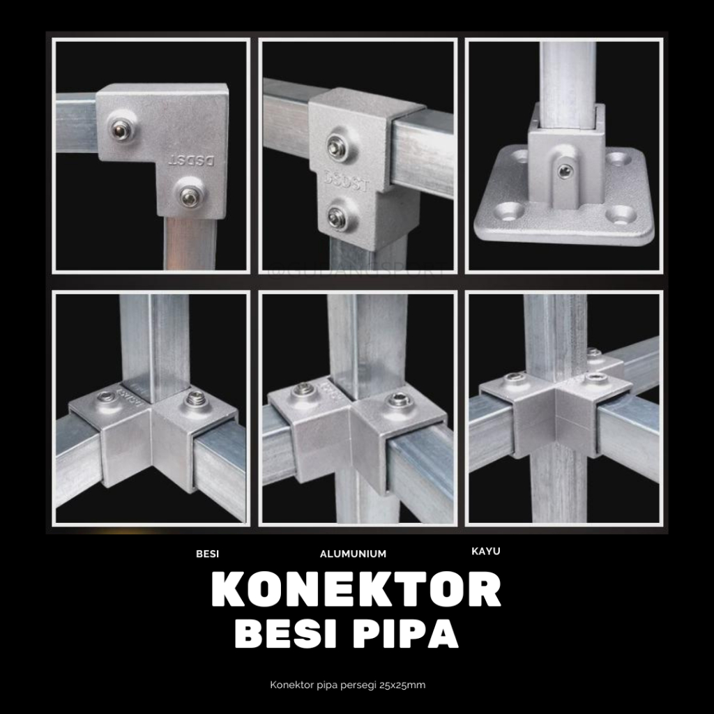 Konektor pipa persegi 25x25mm dari aluminium alloy, pipa persegi galvanis baja tahan karat, pipa kot