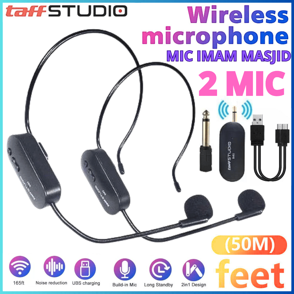 TaffSTUDIO Microphone Wireless Clip On Karaoke Terbaik Mic Bando Imam Masjid Headset 2 PCS Receiver