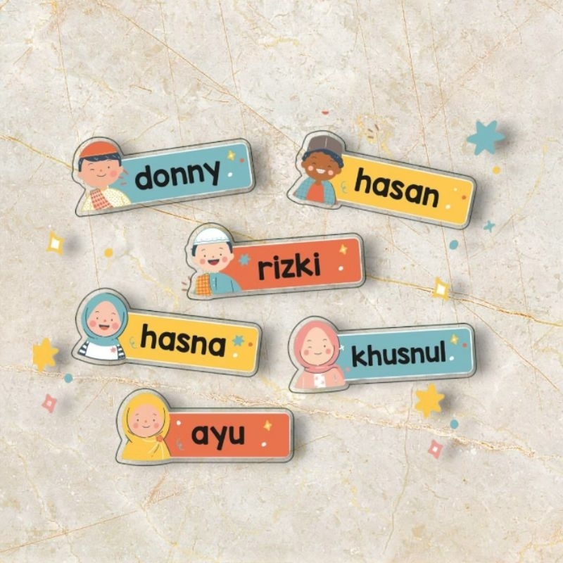 

Name Tag Anak Lucu Muslimah / Pin hijab custom nama/ nametag nama dada akrilik/ Souvenir Jepit Hijab Jilbab Tag Nama Custom