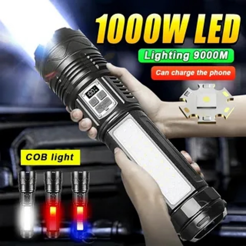 Lampu LED 10000mW COB Senter LED XHP-70 Super Terang 90000 Lumens Jarak Jauh Waterproof / Senter Cas