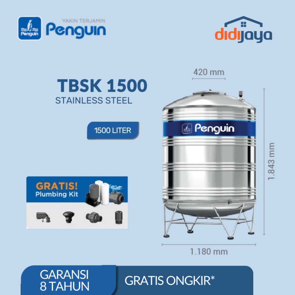 Tangki Air Stainless Steel 1500 Liter Penguin | Toren Air | Tandon Air Stainless Steel TBSK 1500