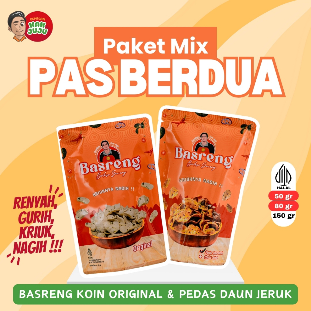 

BASRENG KOIN | PAKET PAS BERDUA ORIGINAL & PEDAS DAUN JERUK | 50GR ATAU 80GR | CEMILAN KAK JUJU