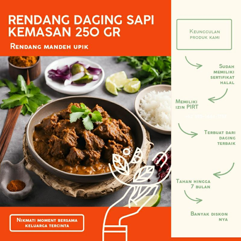 

Rendang Daging Sapi Iris 250 gr Limited Edition Premium Super halal mui , izin pirt dan nikmat