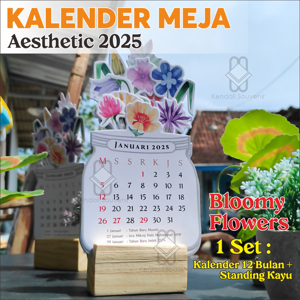 

Kalender Meja Aesthetic 2025 Blooming Flowers Set + Kayu Standings