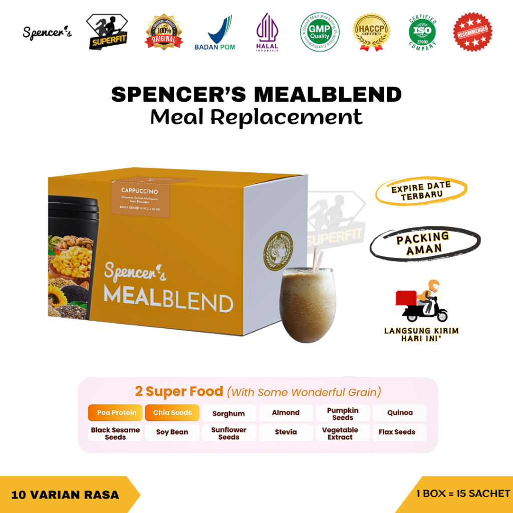 

SPENCERS MealBlend 1 Box isi 15 Sachet Spencer's Meal Blend Replacement Nutrisi Harian Diet Sehat Lezat Multigrain SUPERFOOD Pea Isolate Protein Chia Seed Quinoa Almond Natural Fiber Spencers SuperGreen Matcha Detox VEGAN Lactose & Gluten Free BPOM HALAL