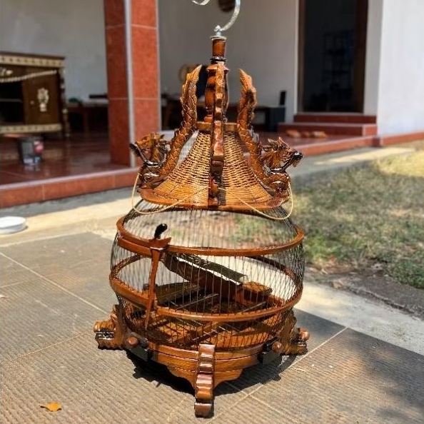 SANGKAR PERKUTUT UKIRAN NAGA KAYU JATI
