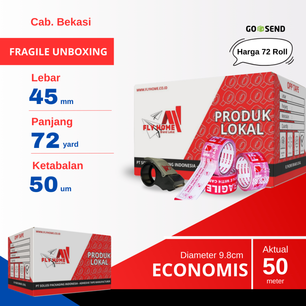 

FLYHOME 1Dus Lakban Fragile Unboxing 45x72Y 2inci Uk Besar 72Roll ECO 72 Yard INSTAN