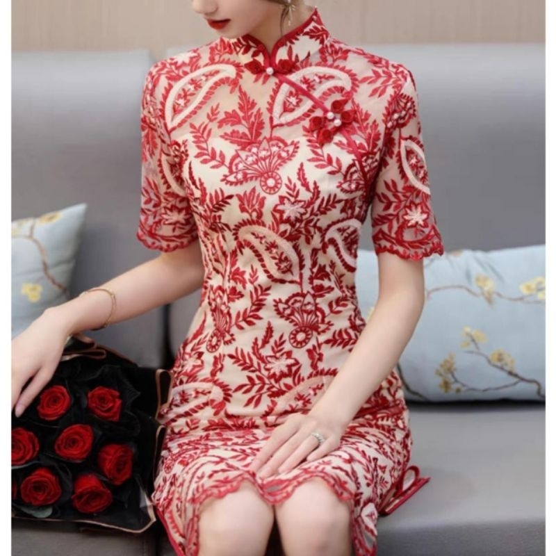 0963 CNY Xiaolin Embroidered Mesh Cheongsam Dress Outfit Imlek Sangjit