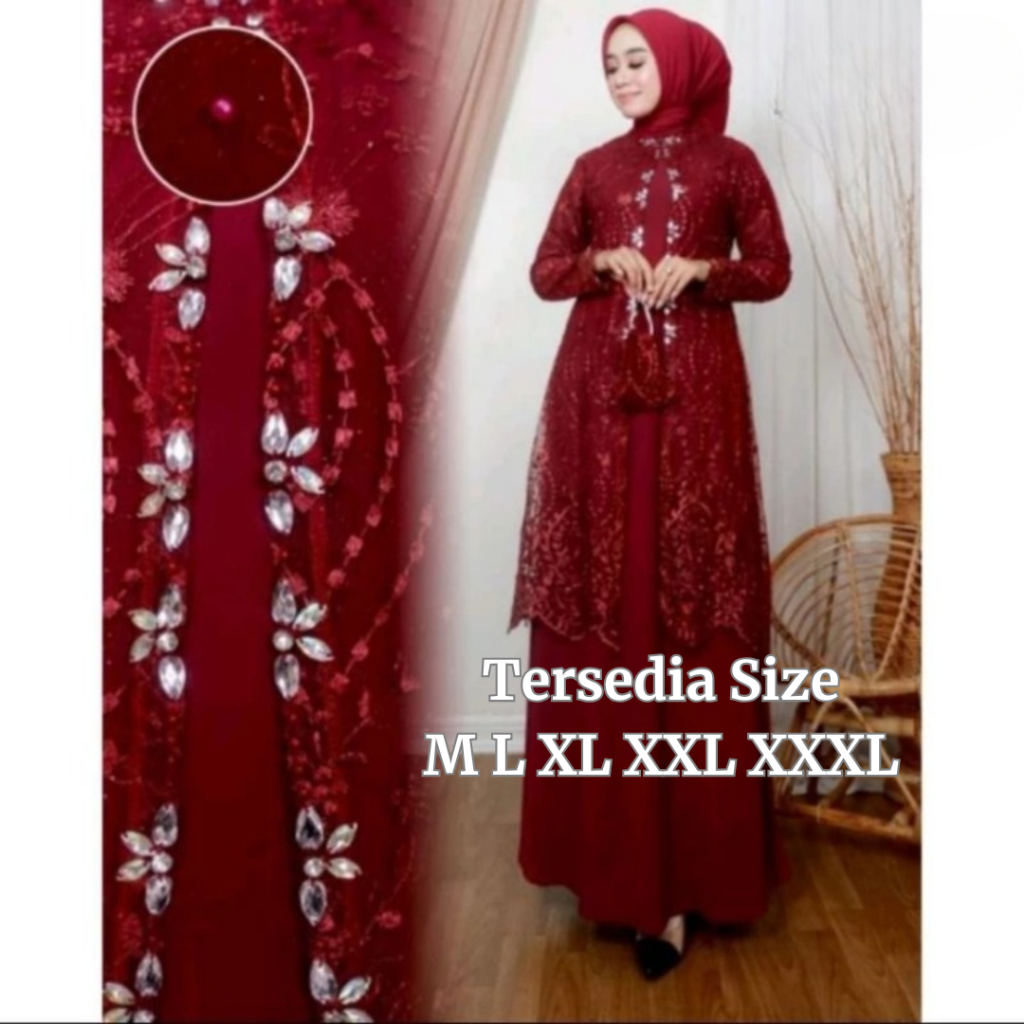Gamis Brokat Wanita Pesta Mewah Elegan Yasmin Dress BO Bahan Ceruty Babydoll Aplikasi Payet Size M L