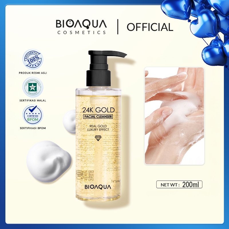BPOM Bioaqua 24K Gold Facial wash Cleanser Hyaluronic Brightening Moisturizing face wash 200ml