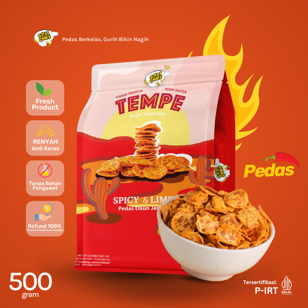 

GELICHIPS- 500gr Keripik Tempe Spicy (PEDAS) Gurih Renyah Camilan