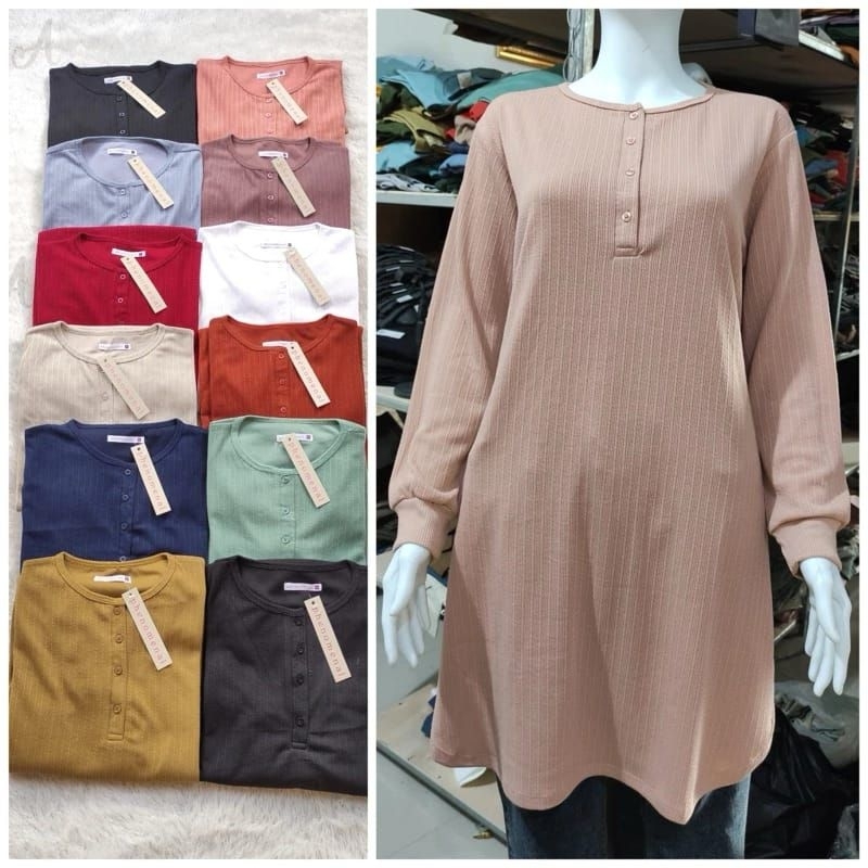 Long Tunik Phenomenal Wanita dewasa wafel polos halus adem katun busui lengan panjang