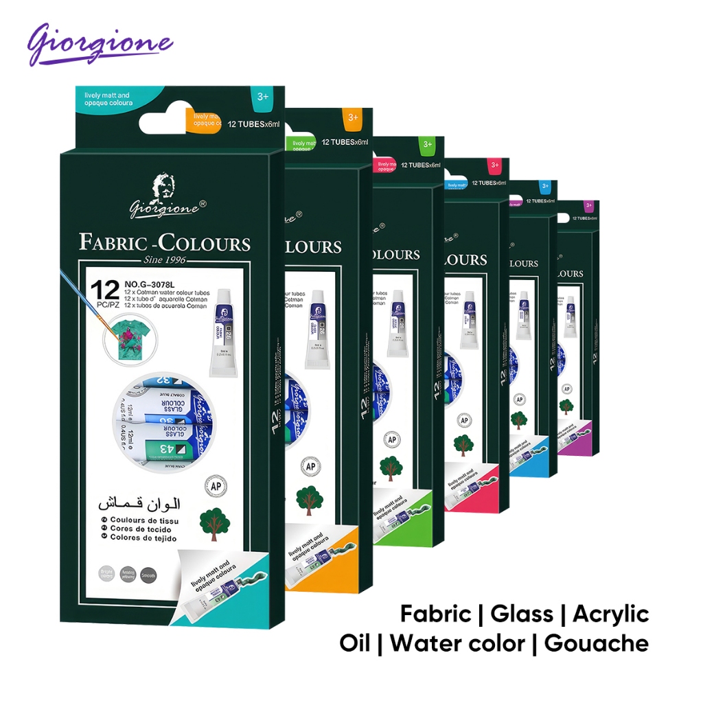 

Giorgione Set Cat tabung aluminium Cat Air Watercolor/Gus Gouache/lukisan Oil Color/Akrilik Acrylic/Kaca Glass/tekstil Textile 12Warna 6/12ml