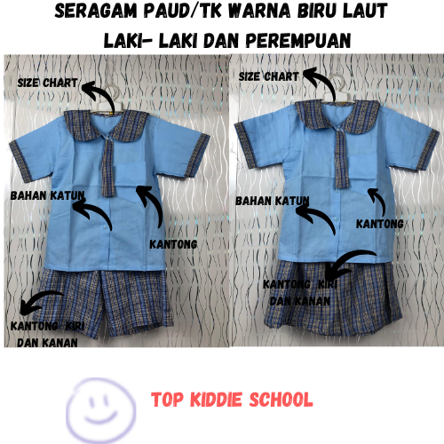1 SET SERAGAM TK/PAUD BAJU KOTAK-KOTAK PENDEK PAUD/TK BIRU LAUT