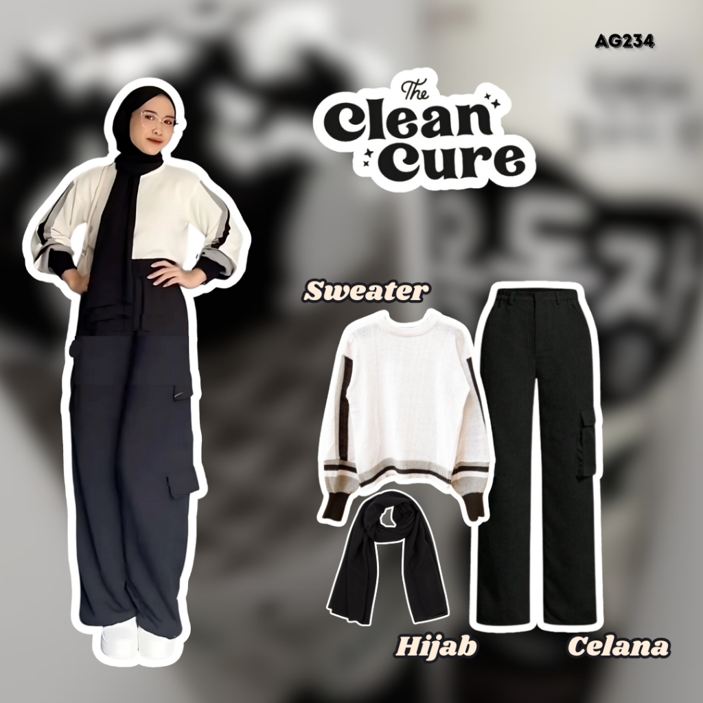 Outfit Hijab Casual 3in1 OOTD Korean Style Outfit Set Wanita Kekinian | Sweater + Celana Cargo + Hij