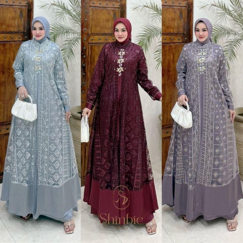FAUZIA Dress By SHINBIE / GAMIS SET OUTER 2IN1 / GAMIS BRUKAT LD 110 LD 120 JUMBO / GAMIS SHINBIE