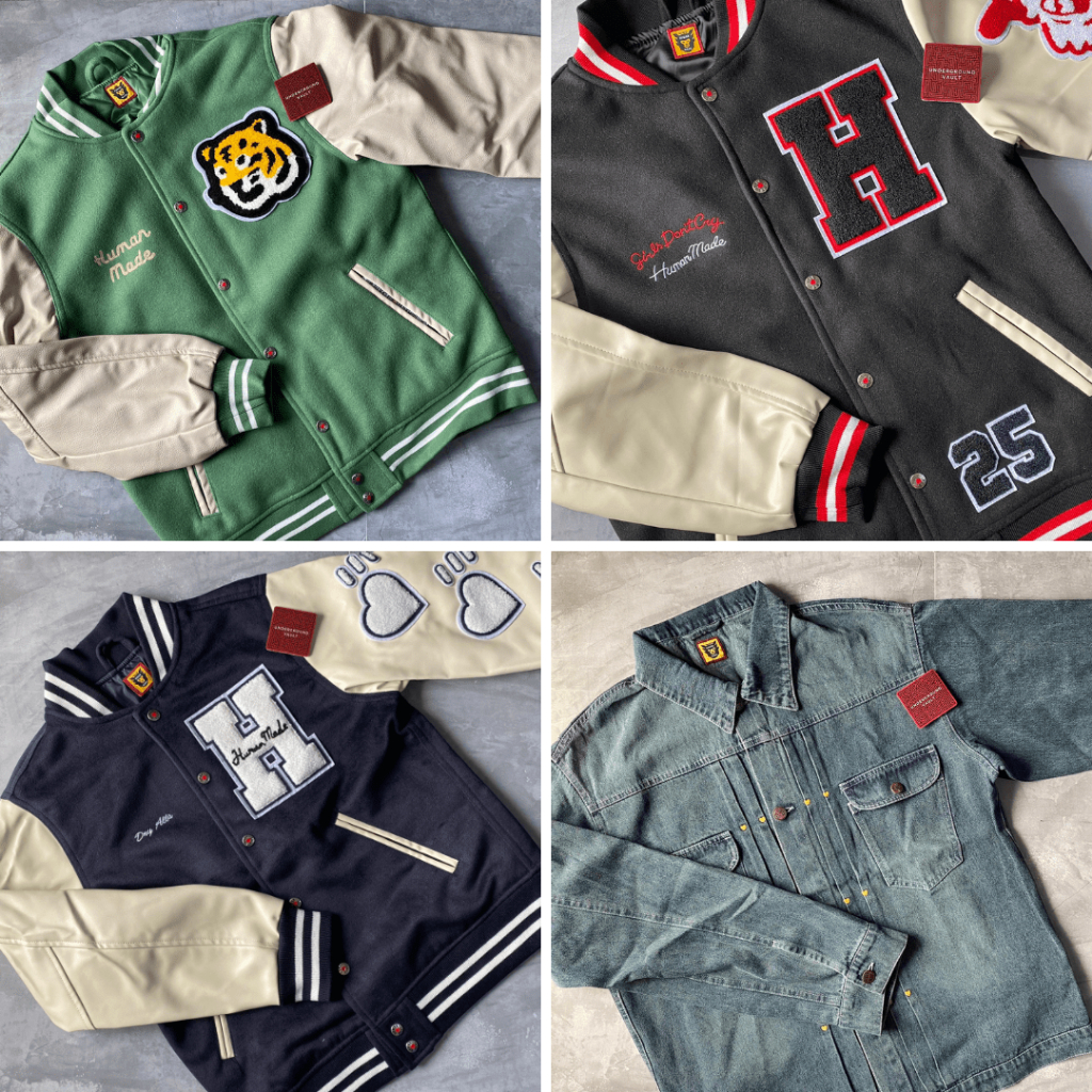 Jaket Human Made x Girls Dont Cry Varsity Jacket Black Nigo Tiger Hotdog 20AW Navy Denim Jeans Jacke