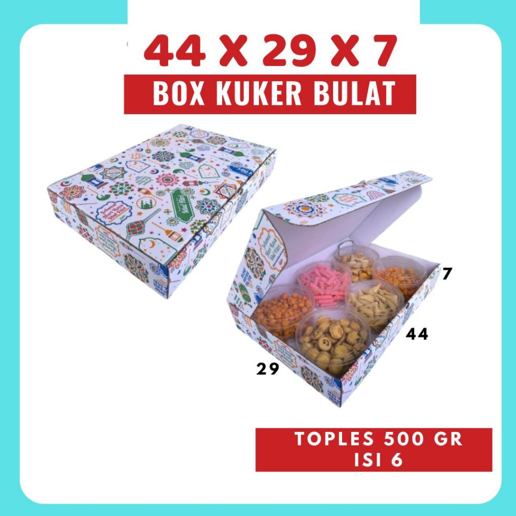 

Kardus Kuker 44x29x7 LD Kue Kering Toples 500gr Isi 6 Toples Box Ied Mubarok Dus Idul Fitri Lebaran Packing Kotak Kemasan Pizza Polos/Motif