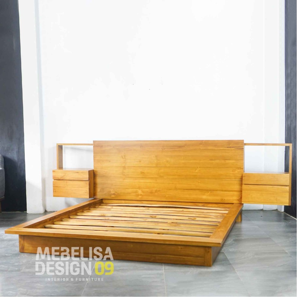 Tempat Tidur Minimalis Modern Kayu Jati Set 2 Nakas Laci