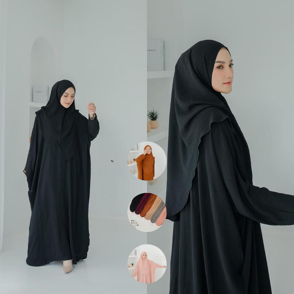 Elsira Dress Crinkle Airflow Abaya Umroh Wanita Muslim Batwing Set Hijab All Size Hitam 001