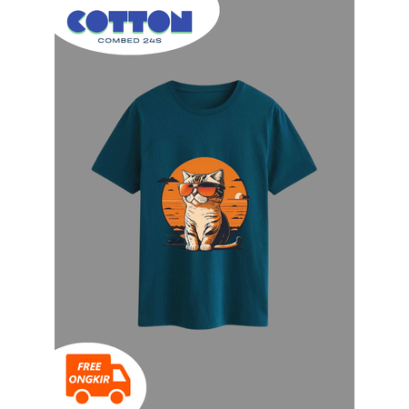 BAJU DISTRO KUCING KACAMATA PRIA WANITA REGULAR BIRU TOSCA / KAOS PENDEK S M L XL 24S
