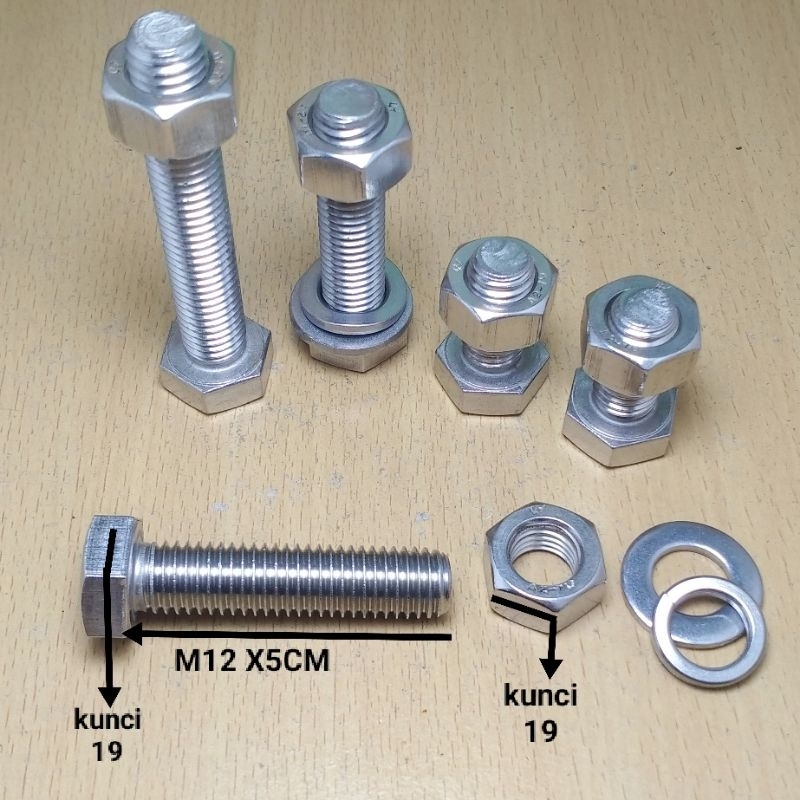 baut mur m12 x 50mm pitch 1,75 stainless sus 304 baut mur stainless