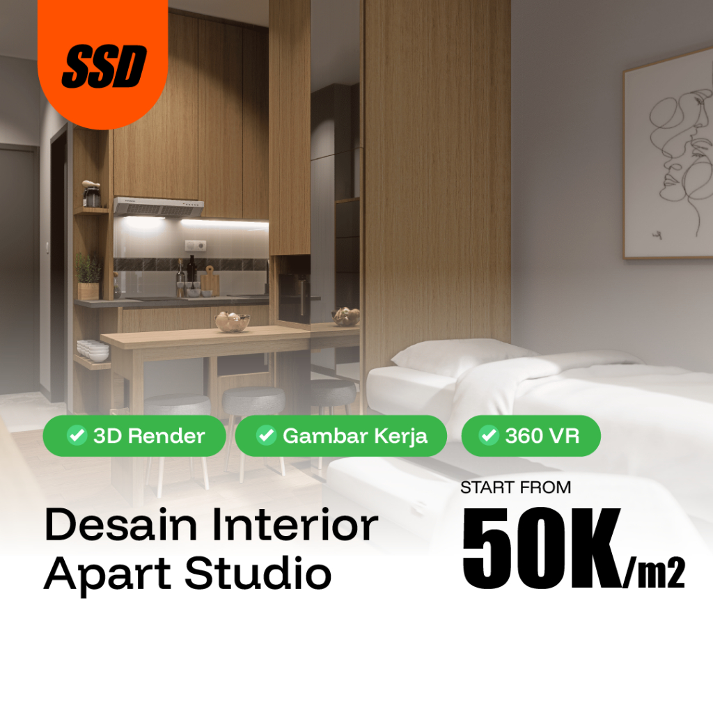 JASA DESAIN INTERIOR STUDIO APARTEMEN | 3D, 360 VIEW, GAMBAR KERJA