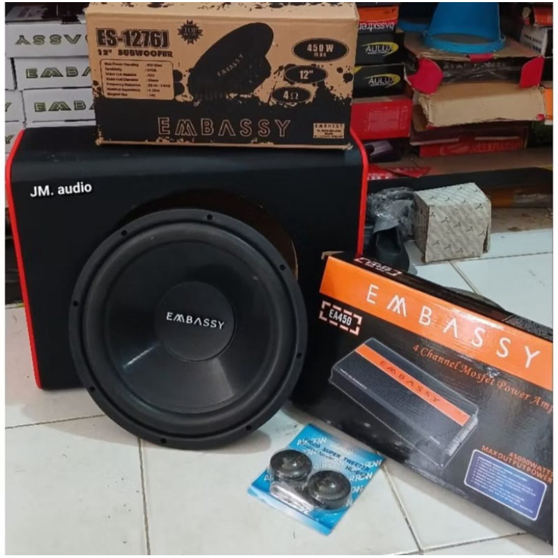Paket Audio Mobil 12inch.Power 4ch embassy EA-450.4,Subwoofer Embassy 12inch,Box 12inch,twitter