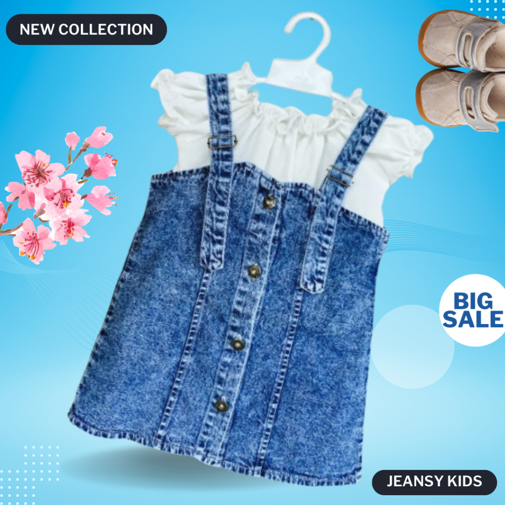QUENZA Setelan dress anak perempuan, bahan denim jeans rayon model crinkle gaya Korea  umur 1-7 th