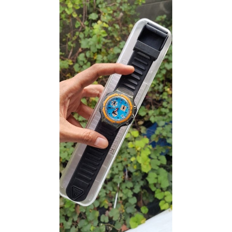 swatch aqua chrono black blue