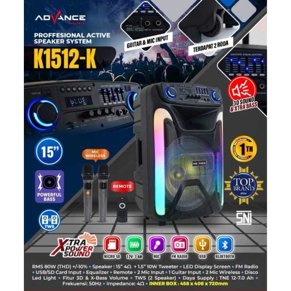 Speaker Active Portable Advance K1512-K 15" K1512K Bluetooth Free Mic