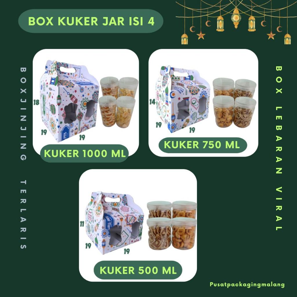 

Box Kuker jar Isi 4 19x19x18 / 19x19x14 / 19x19x11 Toples Jar 1000ml/750ml/500ml Jinjing Gable Box Jar Kue Kering Gable Box Serbaguna Botol Dus Kue Kering Kemasan Madu Souvenir/Box Lebaran Idul Fitri/Ied Mubarak