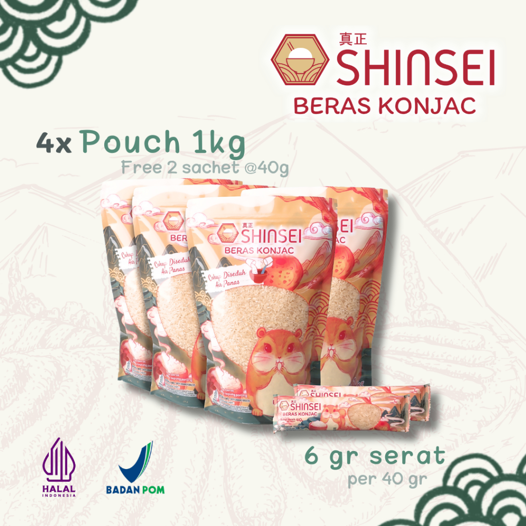 

Shinsei Konjac Rice- POUCH (ISI 4 POUCH FREE 2 SACHET)/ Beras Shirataki/ Beras Porang