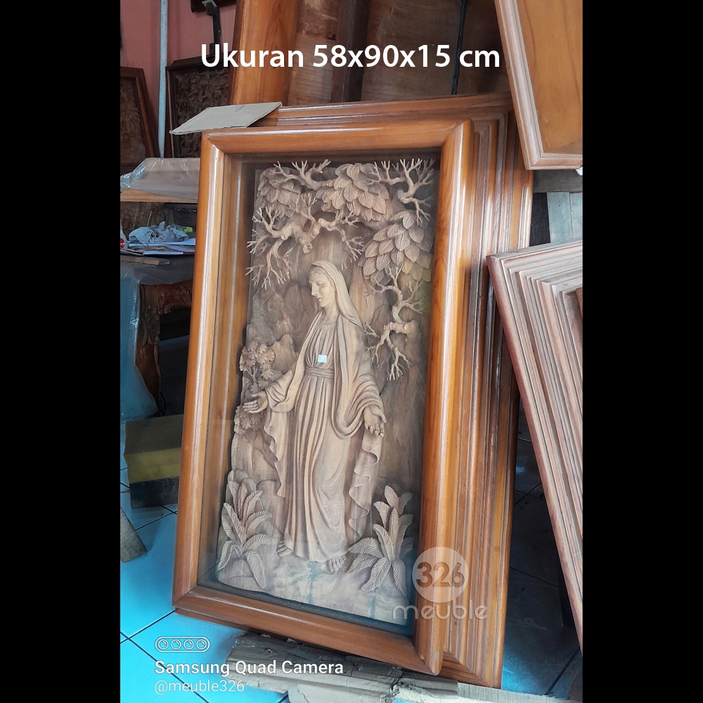 Relief 3 Dimensi Bunda Maria Kayu Jati - Relief Ukiran Jati Mebel Jepara - Relief Bunda Maria